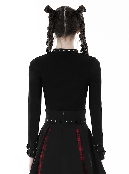 Black Simple Front Chest Sexy Hollow Cross Metal Chain Punk Style Long Sleeved T-Shirt