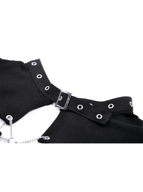 Black Simple Front Chest Sexy Hollow Cross Metal Chain Punk Style Long Sleeved T-Shirt