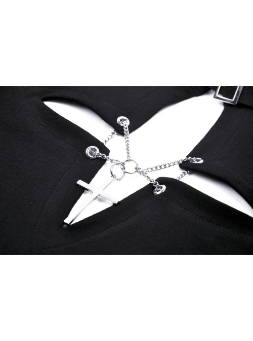 Black Simple Front Chest Sexy Hollow Cross Metal Chain Punk Style Long Sleeved T-Shirt