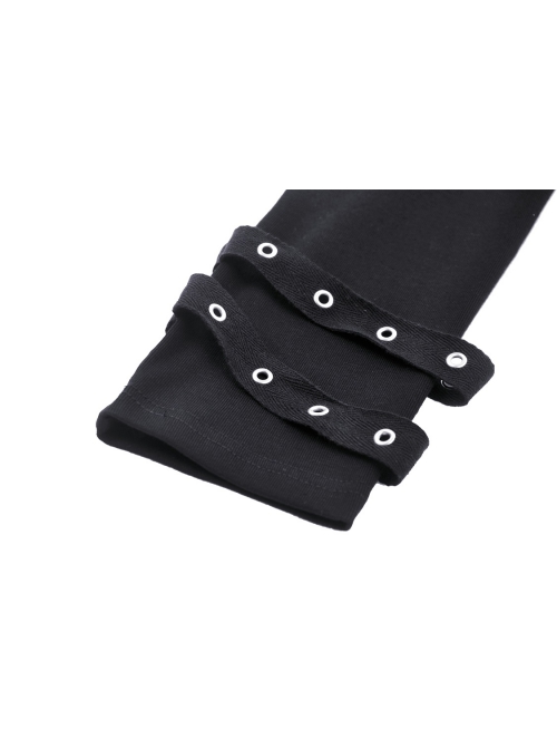 Black Simple Front Chest Sexy Hollow Cross Metal Chain Punk Style Long Sleeved T-Shirt
