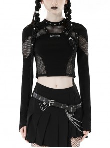 Black Slim Fit Hollow Woven Punk Style Long Sleeve T-Shirt