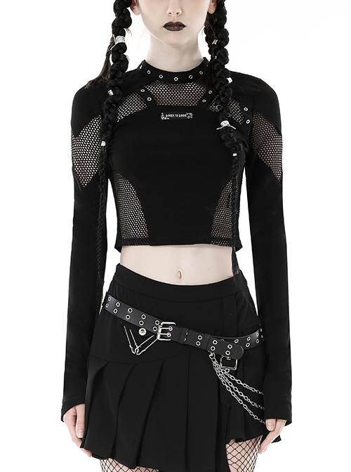 Black Slim Fit Hollow Woven Punk Style Long Sleeve T-Shirt