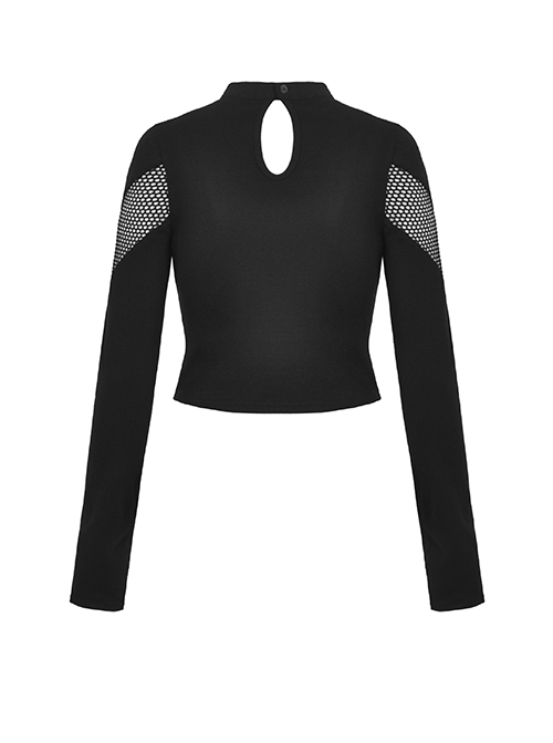 Black Slim Fit Hollow Woven Punk Style Long Sleeve T-Shirt