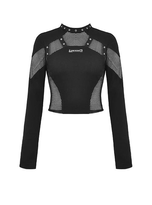 Black Slim Fit Hollow Woven Punk Style Long Sleeve T-Shirt