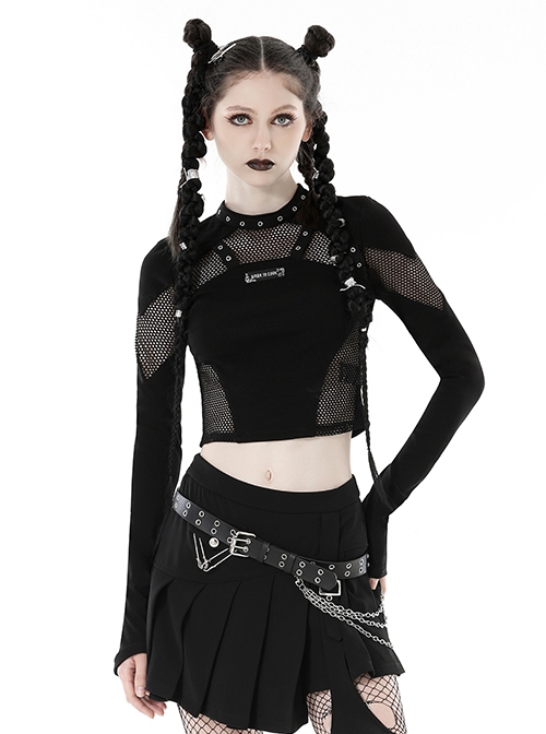 Black Slim Fit Hollow Woven Punk Style Long Sleeve T-Shirt