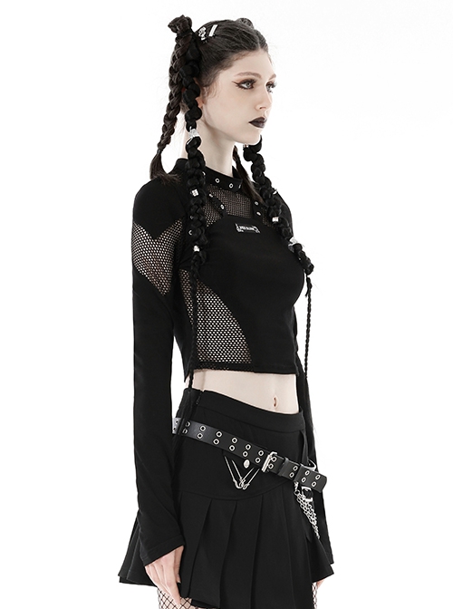 Black Slim Fit Hollow Woven Punk Style Long Sleeve T-Shirt