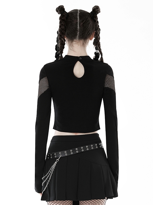 Black Slim Fit Hollow Woven Punk Style Long Sleeve T-Shirt