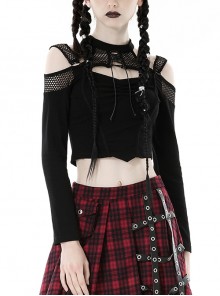 Black Hollow Mesh Off Shoulder Lace Up Embellished Punk Style Long Sleeved T-Shirt ​