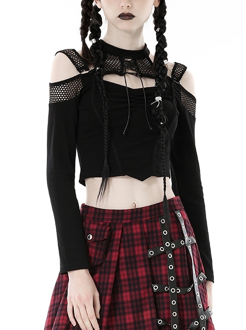 Black Hollow Mesh Off Shoulder Lace Up Embellished Punk Style Long Sleeved T-Shirt ​