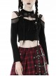 Black Hollow Mesh Off Shoulder Lace Up Embellished Punk Style Long Sleeved T-Shirt ​