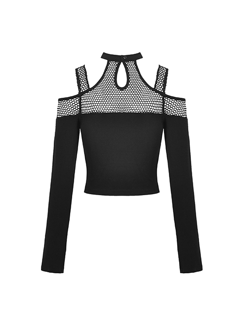 Black Hollow Mesh Off Shoulder Lace Up Embellished Punk Style Long Sleeved T-Shirt ​