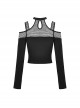 Black Hollow Mesh Off Shoulder Lace Up Embellished Punk Style Long Sleeved T-Shirt ​