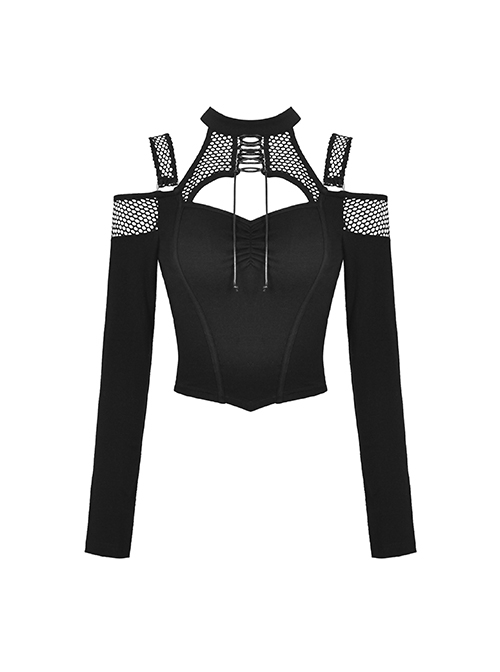 Black Hollow Mesh Off Shoulder Lace Up Embellished Punk Style Long Sleeved T-Shirt ​
