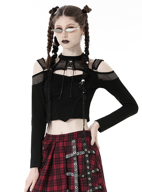 Black Hollow Mesh Off Shoulder Lace Up Embellished Punk Style Long Sleeved T-Shirt ​