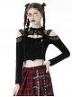 Black Hollow Mesh Off Shoulder Lace Up Embellished Punk Style Long Sleeved T-Shirt ​