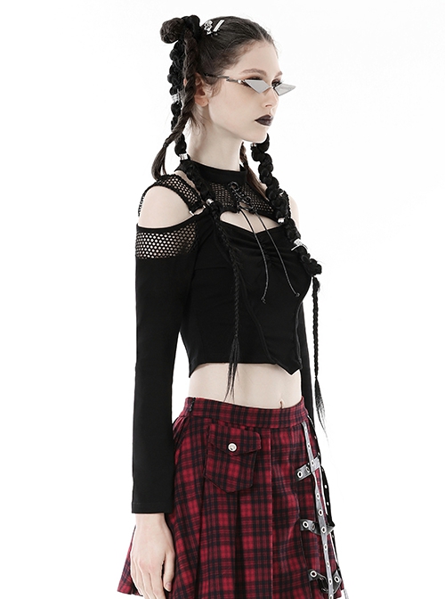 Black Hollow Mesh Off Shoulder Lace Up Embellished Punk Style Long Sleeved T-Shirt ​