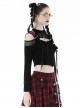 Black Hollow Mesh Off Shoulder Lace Up Embellished Punk Style Long Sleeved T-Shirt ​