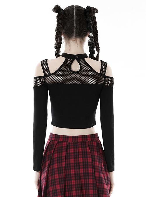 Black Hollow Mesh Off Shoulder Lace Up Embellished Punk Style Long Sleeved T-Shirt ​