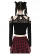 Black Hollow Mesh Off Shoulder Lace Up Embellished Punk Style Long Sleeved T-Shirt ​