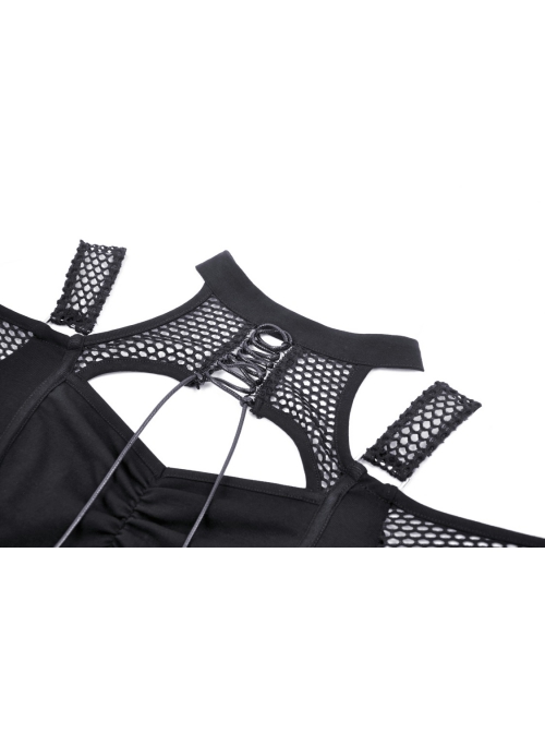 Black Hollow Mesh Off Shoulder Lace Up Embellished Punk Style Long Sleeved T-Shirt ​
