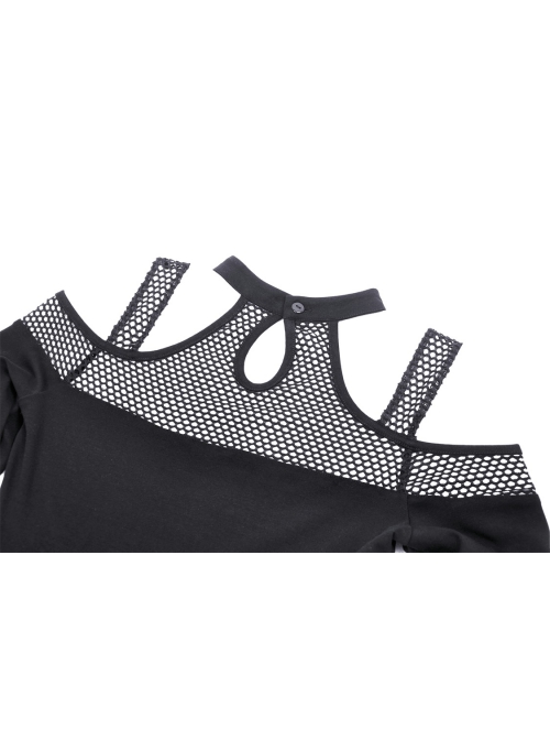 Black Hollow Mesh Off Shoulder Lace Up Embellished Punk Style Long Sleeved T-Shirt ​