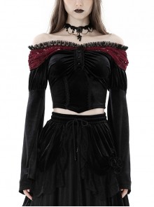 Sexy Black And Red Velvet Lace Adjustable Shoulder Strap Gothic Style Long Sleeved Top