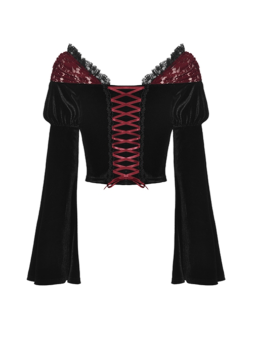 Sexy Black And Red Velvet Lace Adjustable Shoulder Strap Gothic Style Long Sleeved Top