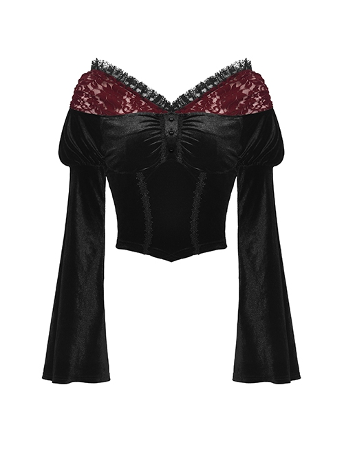 Sexy Black And Red Velvet Lace Adjustable Shoulder Strap Gothic Style Long Sleeved Top
