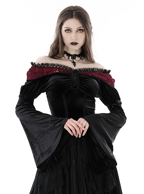 Sexy Black And Red Velvet Lace Adjustable Shoulder Strap Gothic Style Long Sleeved Top