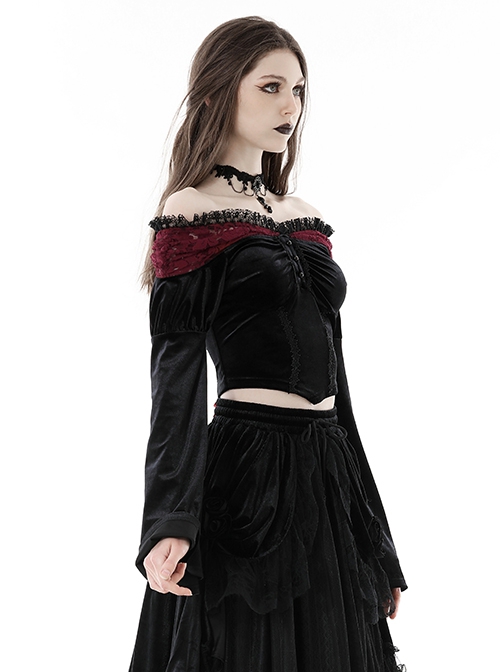 Sexy Black And Red Velvet Lace Adjustable Shoulder Strap Gothic Style Long Sleeved Top