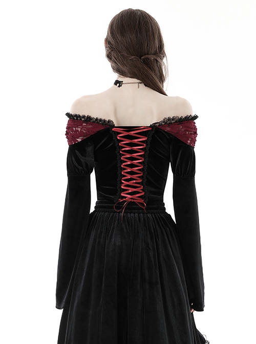 Sexy Black And Red Velvet Lace Adjustable Shoulder Strap Gothic Style Long Sleeved Top