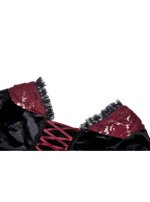 Sexy Black And Red Velvet Lace Adjustable Shoulder Strap Gothic Style Long Sleeved Top