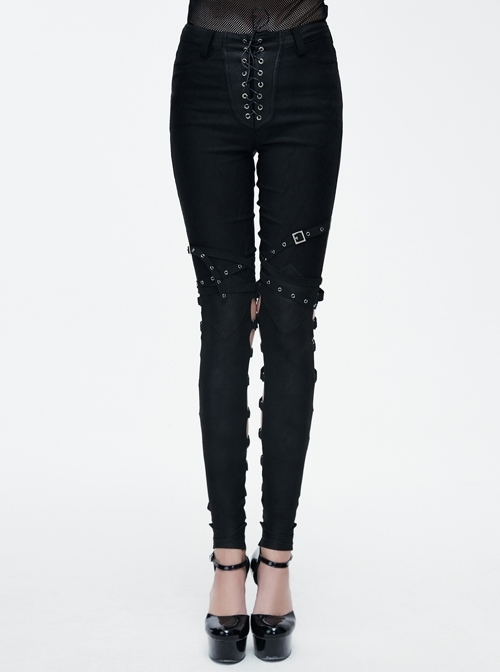 Hollow Lace-Up Buckle Loop Bandage Black Punk Stretchy Leggings