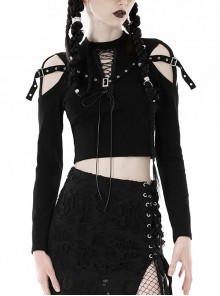 Personalized Black Off Shoulder Metal Eyelet Lace Up Punk Style Long Sleeved T-Shirt