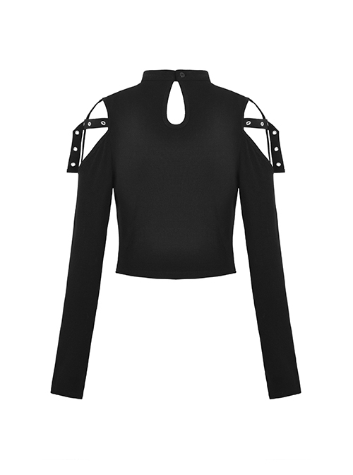 Personalized Black Off Shoulder Metal Eyelet Lace Up Punk Style Long Sleeved T-Shirt