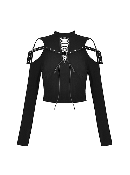 Personalized Black Off Shoulder Metal Eyelet Lace Up Punk Style Long Sleeved T-Shirt