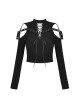 Personalized Black Off Shoulder Metal Eyelet Lace Up Punk Style Long Sleeved T-Shirt