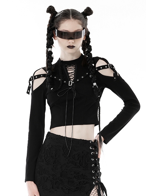 Personalized Black Off Shoulder Metal Eyelet Lace Up Punk Style Long Sleeved T-Shirt