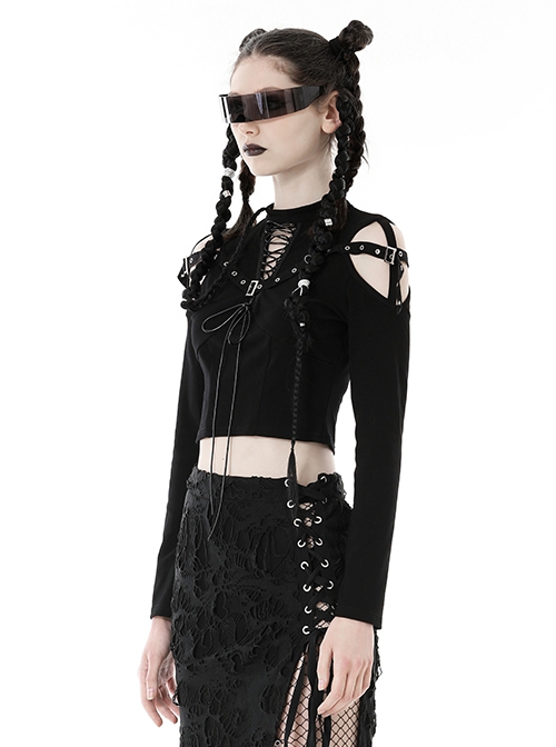 Personalized Black Off Shoulder Metal Eyelet Lace Up Punk Style Long Sleeved T-Shirt