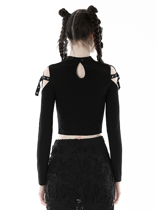 Personalized Black Off Shoulder Metal Eyelet Lace Up Punk Style Long Sleeved T-Shirt