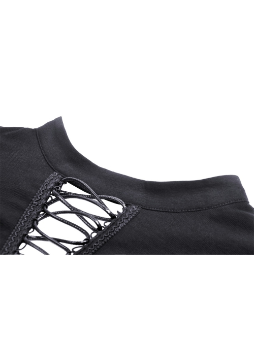 Personalized Black Off Shoulder Metal Eyelet Lace Up Punk Style Long Sleeved T-Shirt