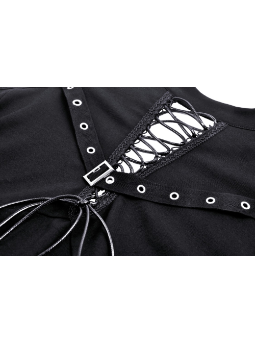 Personalized Black Off Shoulder Metal Eyelet Lace Up Punk Style Long Sleeved T-Shirt