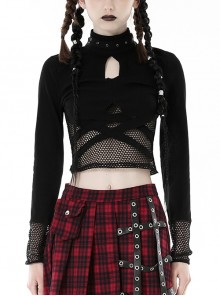 Black Waist Sexy Hollow Mesh Neckline With Metal Eyelets Punk Style Long Sleeved T-Shirt