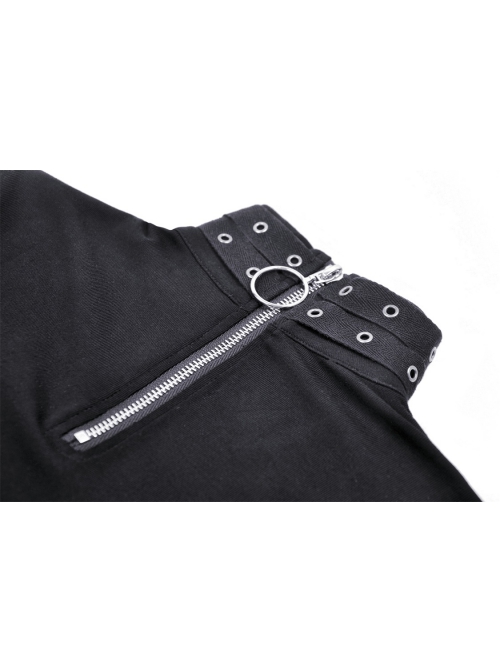 Black Waist Sexy Hollow Mesh Neckline With Metal Eyelets Punk Style Long Sleeved T-Shirt
