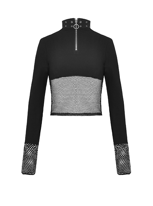 Black Waist Sexy Hollow Mesh Neckline With Metal Eyelets Punk Style Long Sleeved T-Shirt