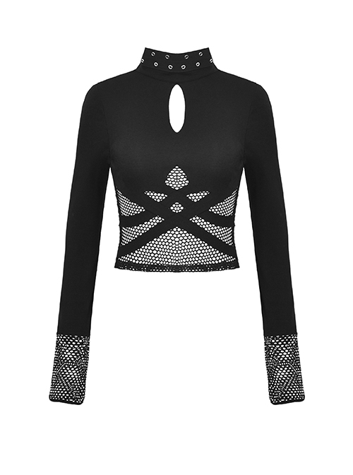 Black Waist Sexy Hollow Mesh Neckline With Metal Eyelets Punk Style Long Sleeved T-Shirt