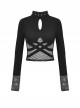Black Waist Sexy Hollow Mesh Neckline With Metal Eyelets Punk Style Long Sleeved T-Shirt