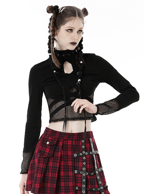 Black Waist Sexy Hollow Mesh Neckline With Metal Eyelets Punk Style Long Sleeved T-Shirt
