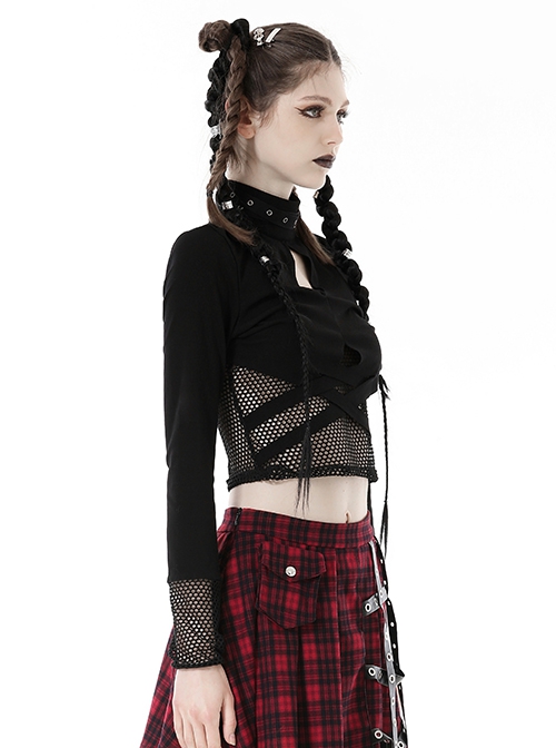 Black Waist Sexy Hollow Mesh Neckline With Metal Eyelets Punk Style Long Sleeved T-Shirt
