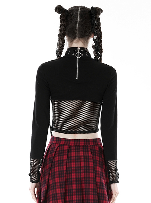 Black Waist Sexy Hollow Mesh Neckline With Metal Eyelets Punk Style Long Sleeved T-Shirt